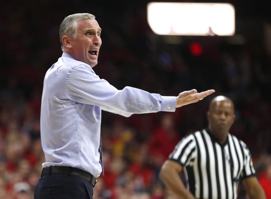 ASU's head coach Bobby Hurley yells to an official during the first half against Arizona at the McKale Memorial Center in Tucson, Ariz. on March 9, 2019.