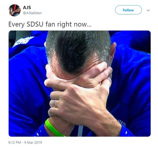 A commentator on Twitter (@AStafslink) assesses the mood of fans at South Dakota State University as his men's basketball team loses in the Summit League tournament in Sioux Falls on Saturday.