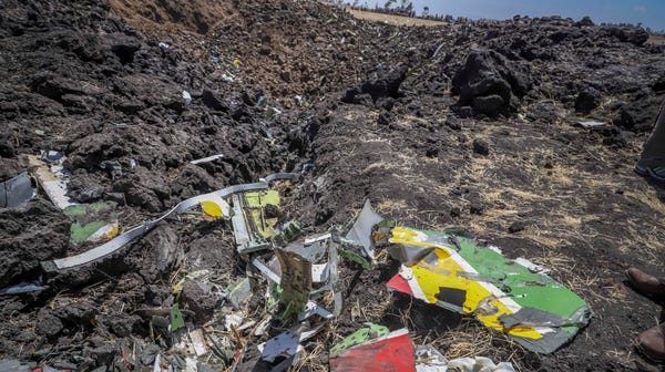 Debris at the crash site of Ethiopian Airlines...