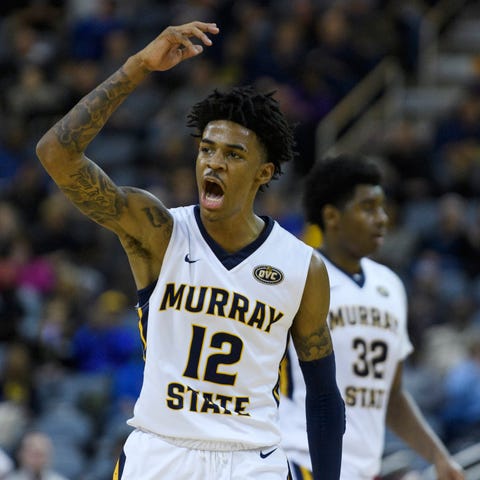 Murray State's Ja Morant (12) gestures to the...