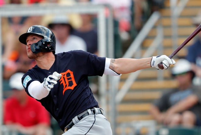 The Detroit Tigers' JaCoby Jones follows through on a two-run home run in the fifth inning Monday.