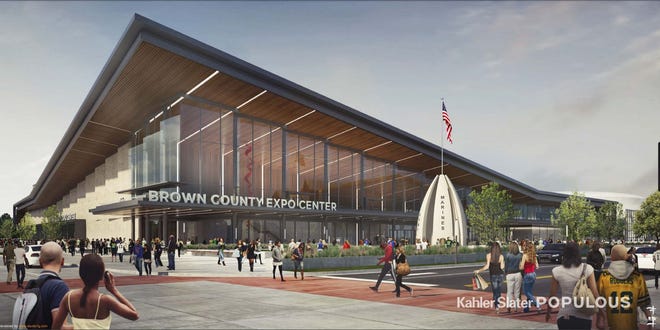 A rendering of the new Brown County Expo Center  looking north from the intersection of Armed Forces Drive and Oneida Street.
