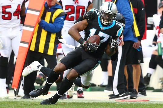 Dec 23, 2018; Charlotte, NC, USA; Carolina Panthers wide receiver Devin Funchess (17) catches a pass in the fourth quarter against the Atlanta Falcons at Bank of America Stadium.
