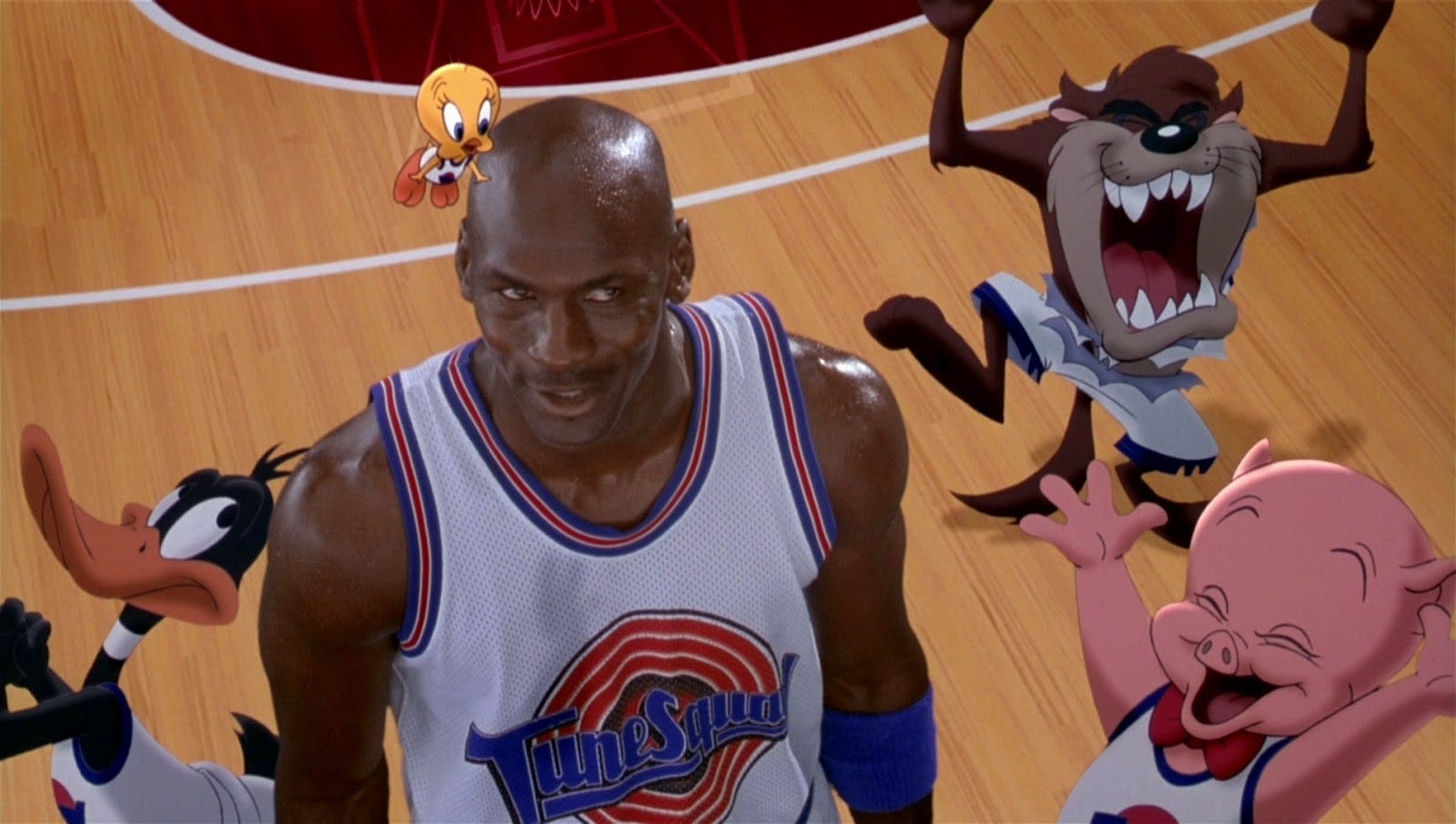 Michael Jordan shoots hoops while his animated friends hoot and holler in "Space Jam," which screens Friday night at the Orpheum.