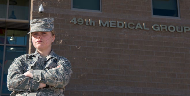 Senior Airman Hali Bean, 49th Medical Group Family Health front desk clerk, poses for a portrait, Feb. 7, 2019, on Holloman Air Force Base, N.M. Bean has been working on Holloman for almost three years and had her first encounter with a code blue this January.