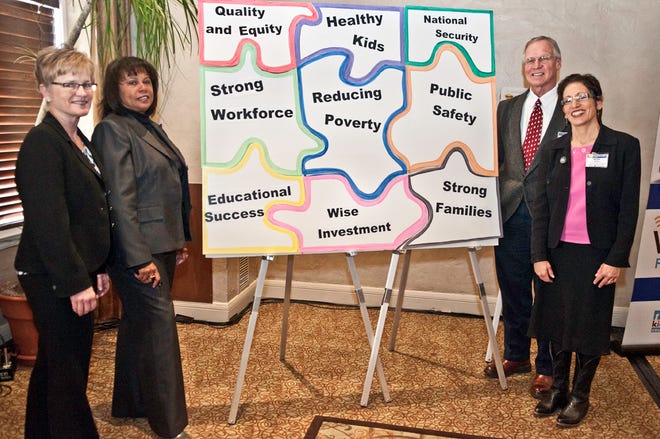 Jessie Rasmussen (Buffett Early Childhood Fund, Nebraska), Diana Ragbeer (The Children’s Trust, Florida), Duane Benson (Minnesota Early Learning Foundation), and Myra Segal (NMVC) pose with a large puzzle at our “Transforming Education” convening. The puzzle represents the many links between early care and education and the quality of life for all.