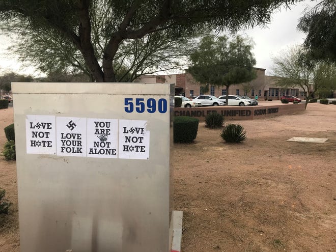 Messages featuring swastikas were posted on a transformer near Perry High School in Gilbert on March 11, 2019.