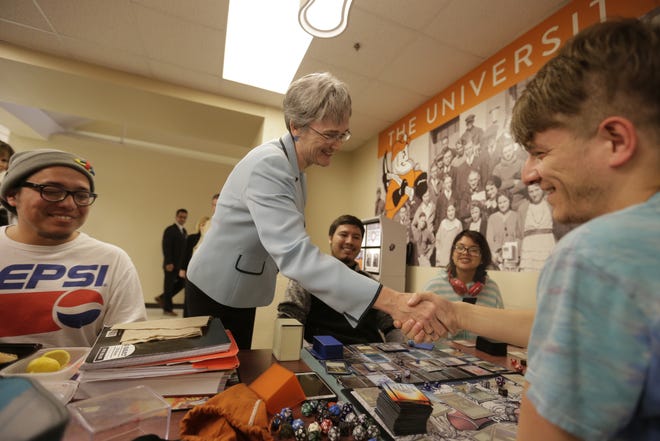 Heather Wilson, sole finalist for UTEP president, visits students March 11 at the campus student union building. Left to right: Cruz Moreno, Wilson, Gustavo Cordero, Leslie Bustos and Eliseo Pulido.