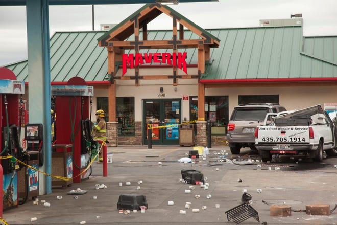 The St. George Police and Fire departments respond to an accident at Maverik near River Road Tuesday, March 12, 2019.