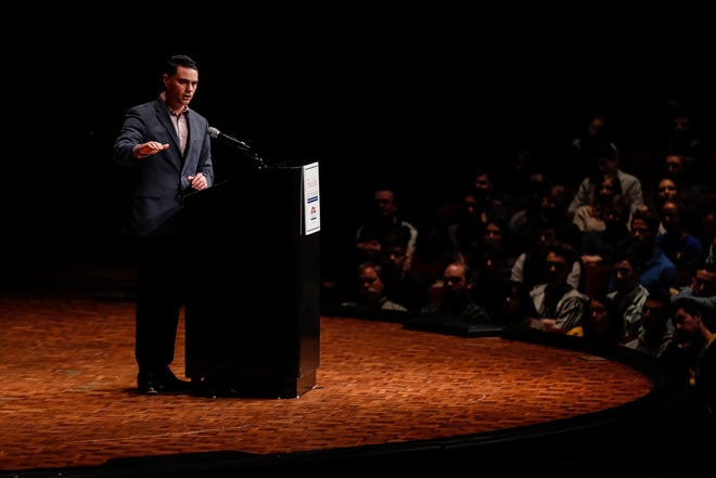 Ben Shapiro speaks at the Rackham Auditorium on U-M central campus in Ann Arbor, Tuesday, March 12. , Tuesday, March 12, 2019.
