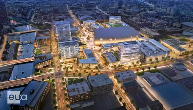 The next wave of development envisioned near the Fiserv Forum could include hotels, offices and apartments. This view is looking south with McKinley Boulevard in the foreground.