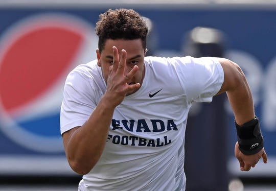 Former Reed high player Trae Carter-Wells participates in the Wolf Pack football teamu2019s pro day where former Pack players worked out for NFL scouts at Mackay Stadium on Wednesday March 13, 2019