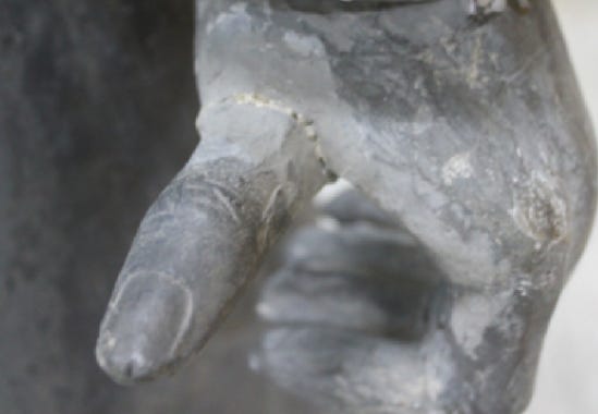 A photo taken prior to an exhibit at The Franklin Institute shows the thumb that was later taken from a statue at The Franklin Institute in Philadelphia.