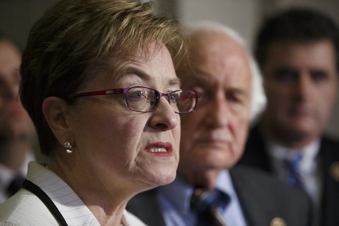 In this Thursday, Feb. 5, 2015 file photo, members of Congress, Rep. Marcy Kaptur, D-Ohio, and Rep. Sander Levin, D-Mich., join a Ukrainian delegation to voice bipartisan support for bolstering the Ukrainian forces during a news conference on Capitol Hill in Washington. Kaptur of Toledo, Ohio, testified Wednesday, March 13, 2019 in the final day of testimony about a federal lawsuit challenging Ohio’s congressional map as unconstitutional.