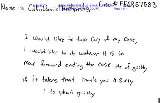 A handwritten letter to Story County District Judge Bethany Currie says Collin Richards wants to plead guilty to the death of Celia Barquin Arozamena.