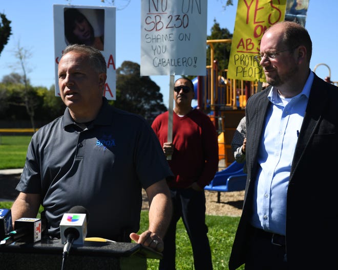Jim Knowlton, President of the Salinas Police Officers Association, speaks to the media about SB 230, a bill introduced by State Sen. Anna Caballero, which deals with additional money for training for police when dealing with mentally ill civilians.