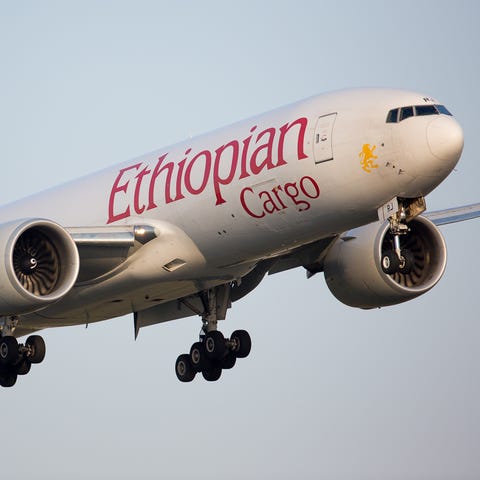 An Ethiopian Cargo Boeing 777-200F lands at Miami...