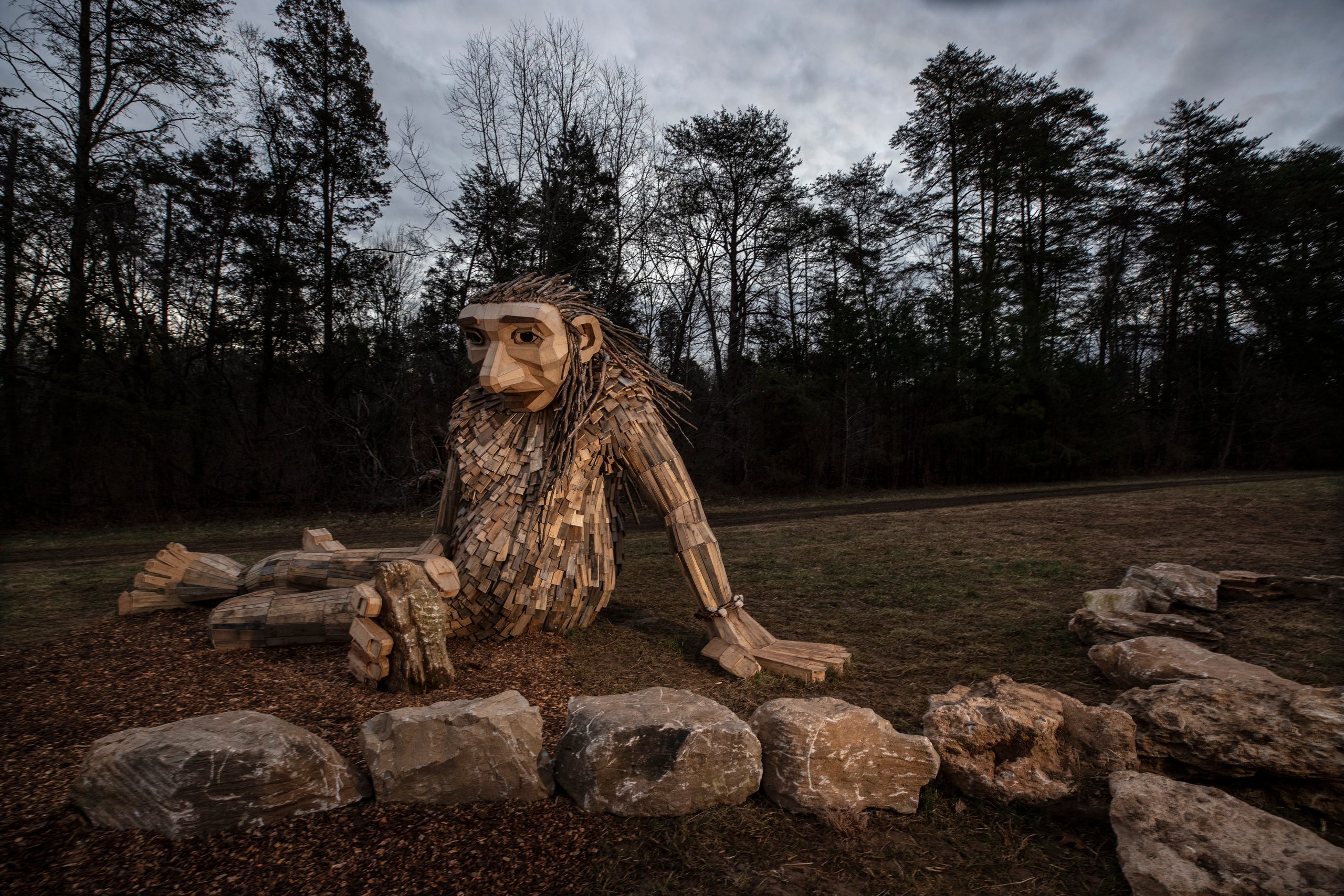 Little Elina, one of three giant trolls, reclines in a field in Bernheim Forest. March 15, 2019.