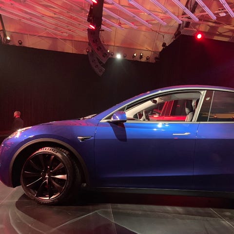The Tesla Model Y SUV is revealed at an event in t
