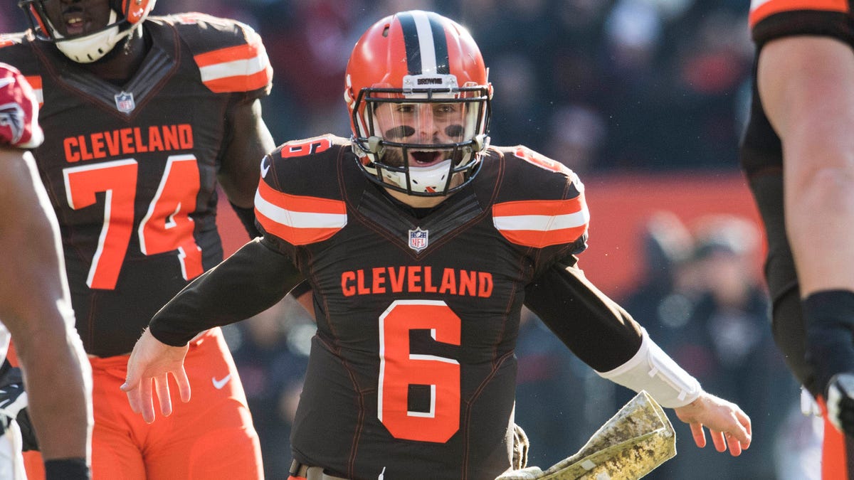 Cleveland Browns quarterback Baker Mayfield (6) celebrates after throwing a touchdown pass during the second half against the Atlanta Falcons at FirstEnergy Stadium.