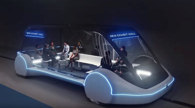 A conceptual drawing provided by The Boring Co. shows a high-occupancy Autonomous Electric Vehicle (AEV) that would run in a tunnel between exhibition halls at the Las Vegas Convention Center.