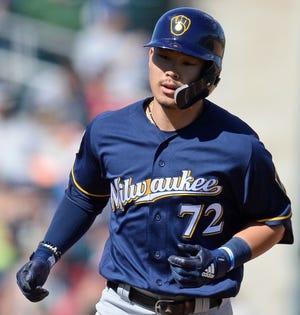 Brewers second baseman Keston Hiura runs the bases after hitting a home run against the Indians during a spring training game March 13. Hiura is the Brewers' top prospect entering the 2019 season.