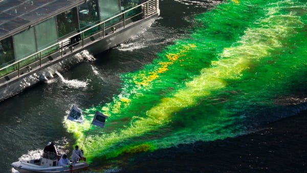 The Chicago River is dyed a bright green