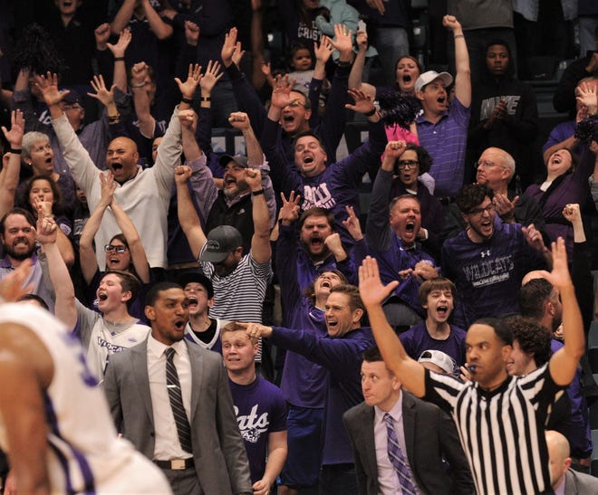ACU fans celebrate after the Wildcats hit a 3-point play in the second half against New Orleans. ACU beat the Privateers 77-60 to win the Southland Conference Tournament title Saturday, March 16, 2019, at the Merrell Center in Katy.
