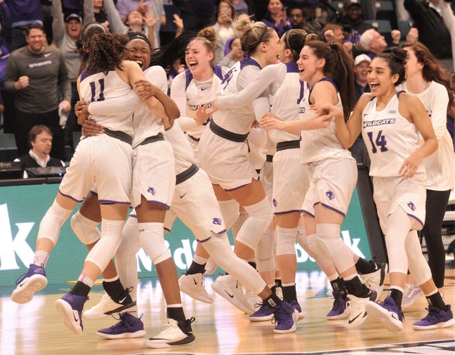 ACU players celebrate after beating Texas A&M-Corpus Christi 69-68 for the Southland Conference Tournament title Saturday, March 17, 2019, at the Merrell Center in Katy.