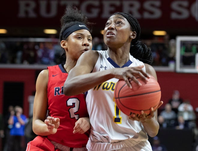 Saddle River Day's Saniah Caldwell (2) tries to stop Franklin's Diamond Miller from scoring. 2019 NJSIAA girls basketball Tournament of Champions in Piscataway, N.J. on March 17, 2019.
