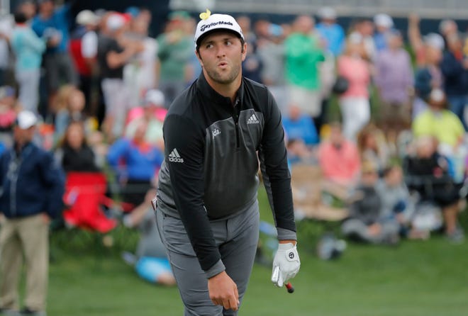 Jon Rahm after hitting his tee shot on the 17th green during the third round of The Players Championship.