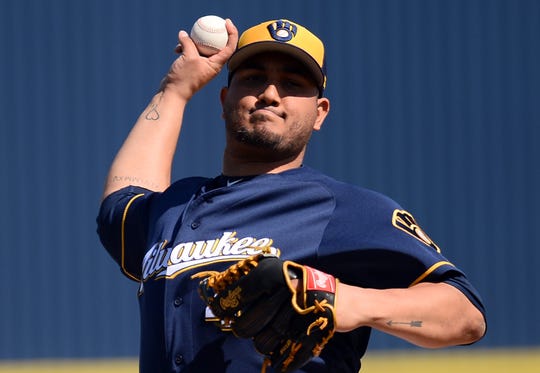 February 27, 2019; Phoenix, Arizona, United States; Starting pitcher Jhoulys Chacin (45) of the Milwaukee Brewers faces the Cleveland Indians in the first round at Maryvale Baseball Park. Mandatory Credit: Joe Camporeale-USA TODAY Sports