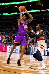 Mar 16, 2019; New Orleans, LA, USA; Phoenix Suns forward Ray Spalding (26) looks to pass against New Orleans Pelicans during the first half at Smoothie King Center.