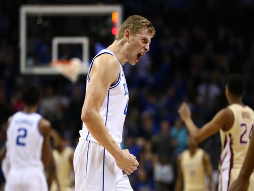 Mar 16, 2019; Charlotte, NC, USA; Duke Blue Devils forward Jack White (41) reacts after a basket in the first half against the Florida State Seminoles in the ACC conference tournament at Spectrum Center. Mandatory Credit: Jeremy Brevard-USA TODAY Sports