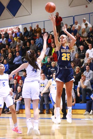 Hartland's 6-foot-4 junior center, Whitney Sollom (25), didn't play when the Eagles lost to Saginaw Heritage on Dec. 11.