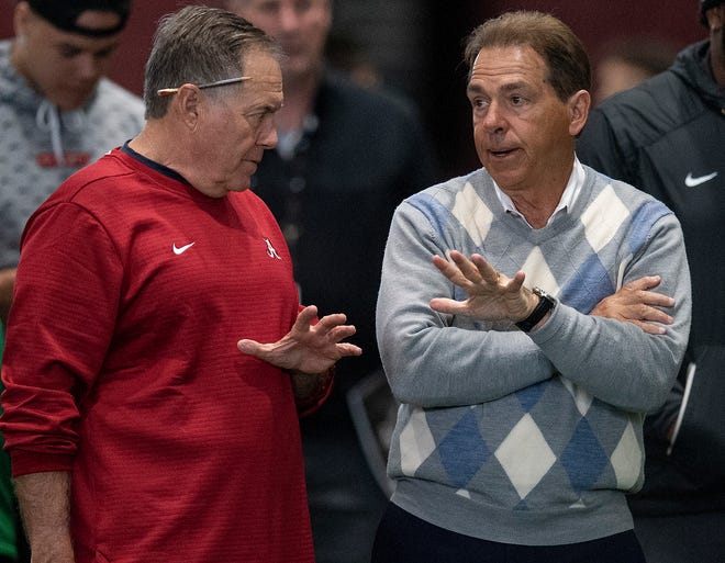 New England Patriots head coach Bill Belichick chats with Alabama head coach Nick Saban during Pro Day on the University of Alabama campus in Tuscaloosa, Ala., on Tuesday March 19, 2019.