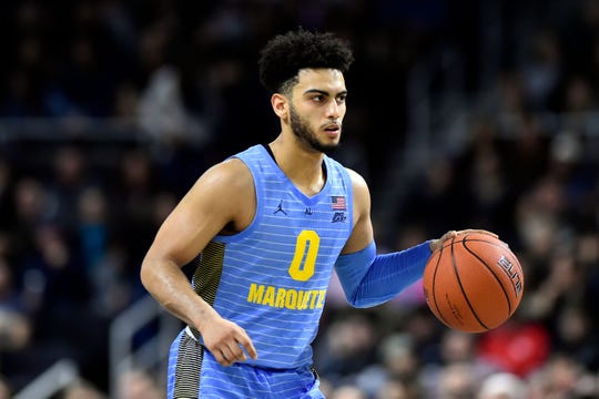 Feb 23, 2019; Providence, RI, USA; Marquette Golden Eagles guard Markus Howard (0) dribbles the ball up the court against the Providence Friars during the first half at the Dunkin Donuts Center. Mandatory Credit: Brian Fluharty-USA TODAY Sports
