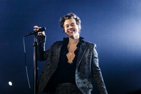 PARIS, FRANCE - MARCH 13:  In this handout photo provided by Helene Marie Pambrun, Harry Styles performs during his European tour at AccorHotels Arena on March 13, 2018 in Paris, France.