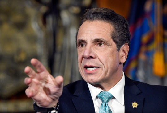 New York Gov. Andrew Cuomo talks about his upcoming meeting with President Donald Trump during a news conference in the Red Room at the state Capitol Monday, Feb. 11, 2019, in Albany, N.Y. New York pays more in taxes to the federal government than any other state. (AP Photo/Hans Pennink)
