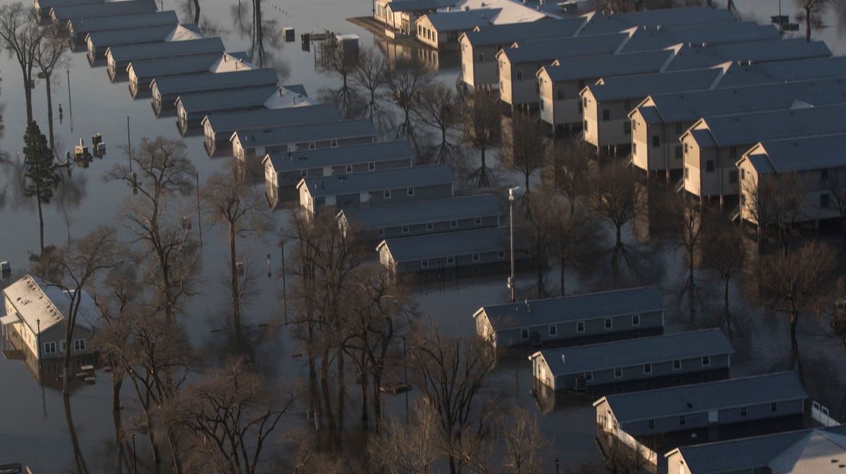 Handout image released 18 March 2019 by the Nebraska National Guard showing an aerial view of the flooding at the Camp Ashland, Nebraska in Ashland, Nebraska, on March 17, 2019.