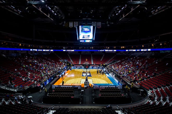 Wells Fargo Arena is set for Minnesota's open practice before the first round of the NCAA Men's Basketball Tournament on Wednesday, March 20, 2019, at Wells Fargo Arena in Des Moines, Iowa. 