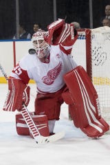 Detroit Red Wings goaltender Jimmy Howard makes his backup in the second period of an NHL hockey game against the New York Rangers on Tuesday, March 19, 2019, at Madison Square Garden in New York City. New York.