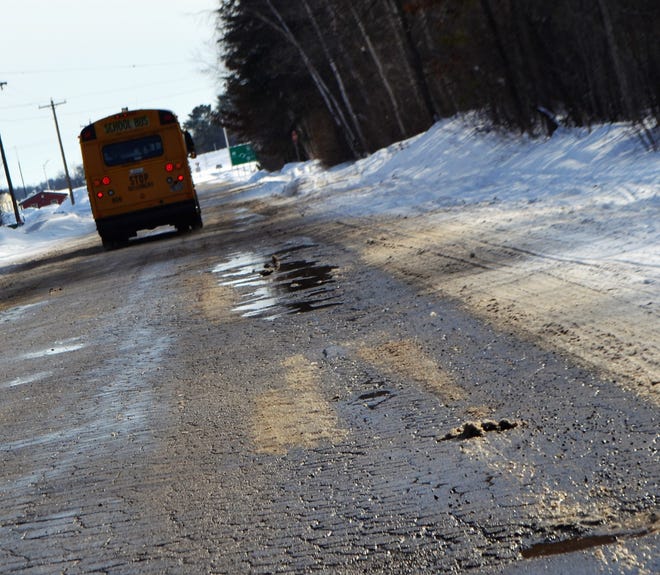 A school bus on Van Hecke Avenue in Oconto heads toward HIghway 22 in early March. The roadway will be reconstructed this summer.