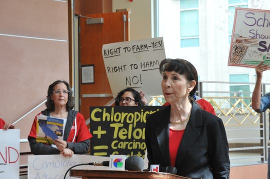 Ann López, director of the Center for Farmworker Families in Santa Cruz County, speaks at a March 20, 2019 press conference at the Monterey County Government Center on the findings in a UCLA report on the role of county agricultural commissioners in reducing toxic exposure.