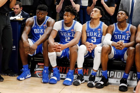 Duke Blue Devils freshmen are waiting to be introduced as starters before playing against the Kentucky Wildcats at the Champions Classic at Bankers Life Fieldhouse.