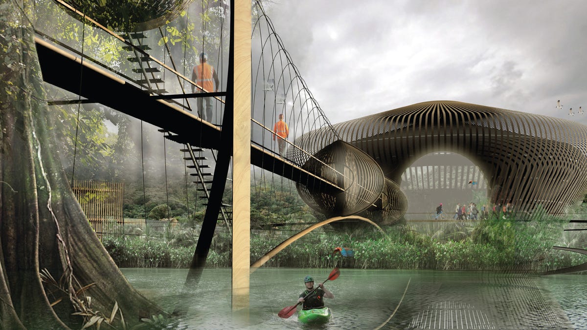 São Paulo, Brazil as imagined in 2100 after climate change has caused flooding and where people now live above the waters. From "2100: A Dystopian Utopia, The city after climate change," by Vanessa Keith.