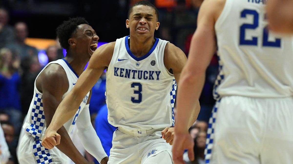 Kentucky guard Keldon Johnson celebrates after scoring against Tennessee in the 2019 SEC tournament semifinals.