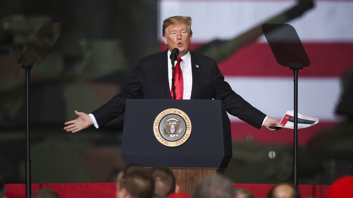 President Donald J. Trump speaks at the Joint Systems Manufacturer on March 20, 2019 in Lima, Ohio. Trump visited the northeastern Ohio defense manufacturing plant to discuss his successes in the economy, job growth, John McCain, and ISIS.
