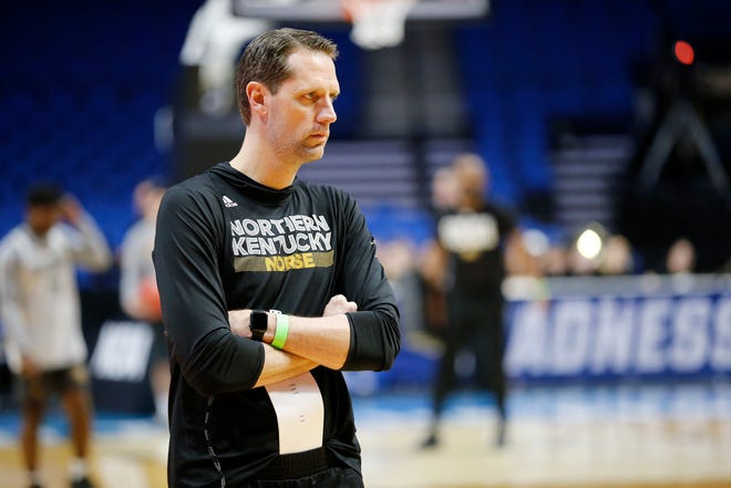 Northern Kentucky Norse head coach John Brannen watches during an off-day practice session at the BOK Center in downtown Tulsa on Thursday, March 21, 2019. NKU takes on Texas Tech Friday in the NCAA Tournament First Round. The Norse makes its second tournament appearance in three years since becoming a Division 1 team.