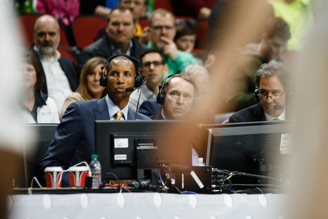 The broadcast team of Reggie Miller, left, Dan Bonner, center, and Kevin Harlan, right, during the NCAA Division I Men's Basketball Championship First Round game on Thursday, March 21, 2019, in Des Moines. Minnesota takes a 38-33 lead into halftime.